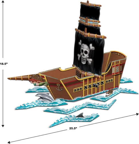Vista 3 de Beistle Centro de mesa de barco pirata 3D, 18.5 x 25.5 pulgadas, decoración de mesa de cumpleaños de aventura isleña, cajas de recuerdos de búsqueda