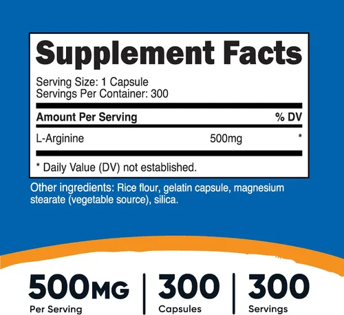 Vista 2 de Nutricost L-Arginina 500mg, 300 Cápsulas - Sin Gluten y Sin OGM