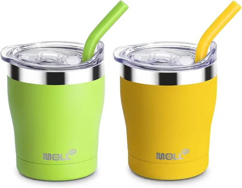 Vista 11 de Taza para niños Mollcity - Vaso de 9 oz con tapa y pajita de acero inoxidable, vaso aislado al vacío de doble pared para niños, a prueba