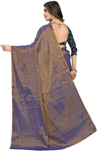 Vista 2 de Sari para mujer Banarasi Kanjivaram Art Silk Woven Saree, regalo de boda étnico indio con blusa sin costuras