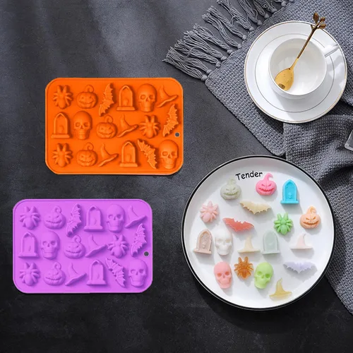 Vista 5 de VICDUEKG Molde de chocolate de Halloween, 2 piezas de molde de silicona para hornear de Halloween, calabaza, murciélago, calavera, molde de silicona