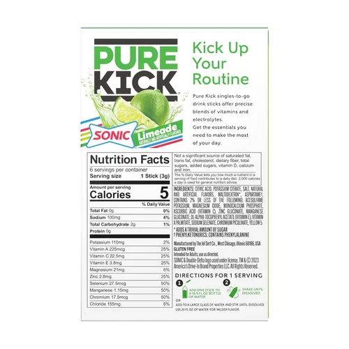 Vista 2 de Pure Kick Sonic Limeade - Paquete de 6 a 36 porciones, mezcla de bebida en polvo, baja en calorías y cero azúcar, bebida refrescante en cualquier