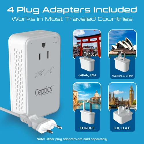 Vista 2 de Ceptics Convertidor de voltaje reductor de 200 W – Convertidor de voltaje de 220 V a 110 V para rizador, alisador, cargador – Carga rápida USB-A y C
