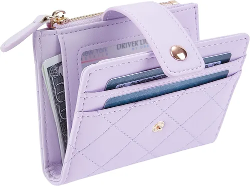 Vista 11 de Cartera de cuero para mujer, pequeña, compacta, plegable, con bolsillo para monedas con cremallera