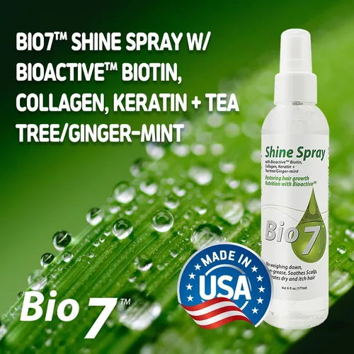 Vista 5 de BIO7 - Spray de brillo con biotina bioactiva, colágeno, queratina + árbol de té/menta de jengibre, 6 onzas líquidas, deja el cabello natural