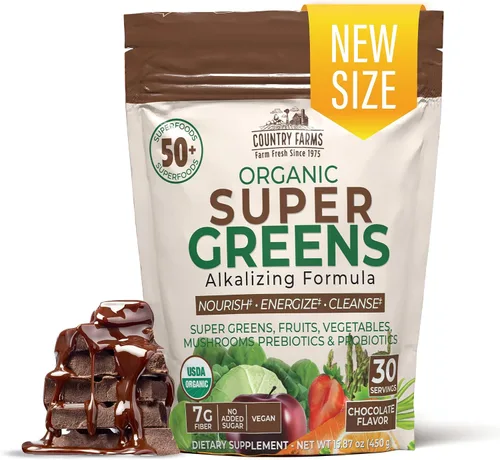 Vista 9 de Country Farms Super Greens Batido en Polvo de Manzana y Plátano, Súper Alimentos Orgánicos, Mezcla de Bebida Orgánica USDA, Frutas, Verduras