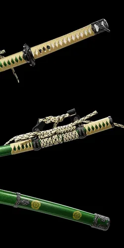 Vista 9 de Espada japonesa Oda Nobunaga Tachi de acero de Damasco con patrón de piedra de hoja samurái, espada completa de oro verde muy afilado, arma genial