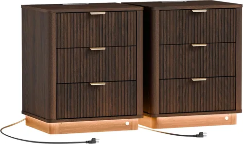 Vista 22 de Mesita de noche LED acanalada, mesita de noche curvada inteligente con iluminación de estación de carga, mesa auxiliar de madera con 2 cajones