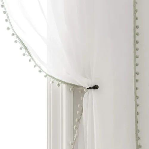 Vista 33 de MISS SELECTEX Cortinas semitransparentes con aspecto de lino y borlas de pompones - Cortinas de gasa semitransparentes con bolsillo para varilla