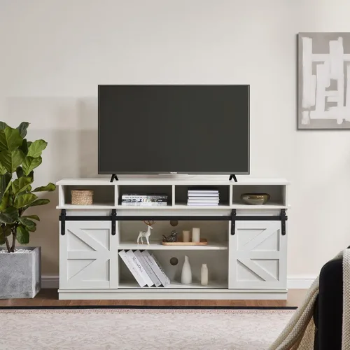 Vista 12 de Soporte de TV con puerta corrediza de granero, centro de entretenimiento de madera moderna y rústica, armario de almacenamiento, mesa de estar