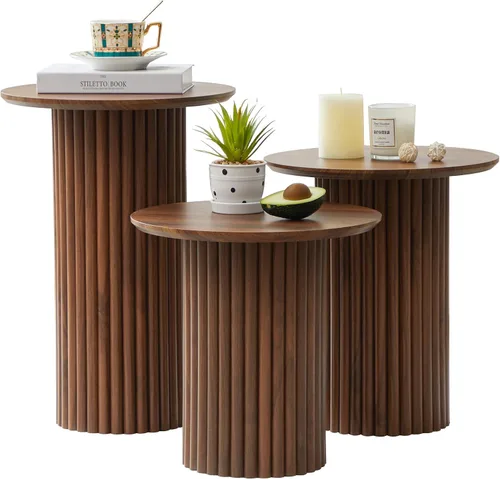 Vista 11 de Bifins Juego de 3 mesas redondas anidadas, mesa de café y mesa auxiliar de estilo Mid Century Modern con estrías, mesa lateral pequeña de madera