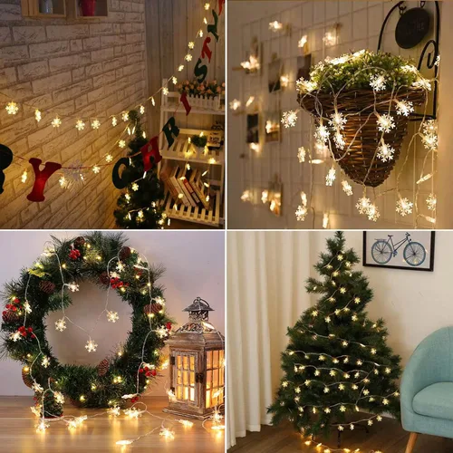 Vista 2 de BrizLabs Luces de copo de nieve, 40 luces LED de Navidad de 16.08 pies con control remoto, cadena de luces parpadeantes de copo de nieve funciona