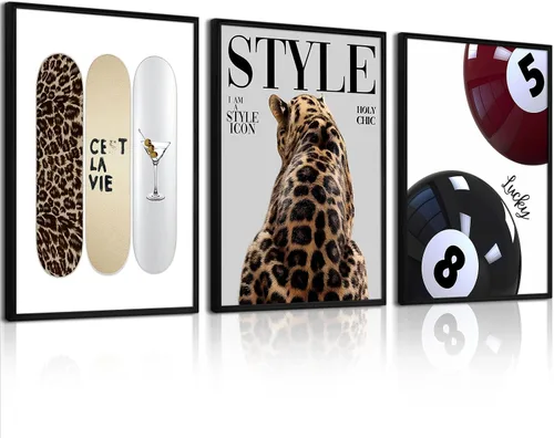 Vista 11 de Arte de pared de leopardo de moda, decoración de pared de guepardo blanco y negro, pósteres de lienzo estéticos de moda, impresiones de estocolmo