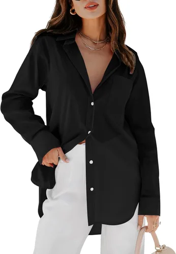 Vista 11 de siliteelon Camisas de vestir con botones para mujer, blusas de manga larga, cuello en V, lisas, casuales, con bolsillos