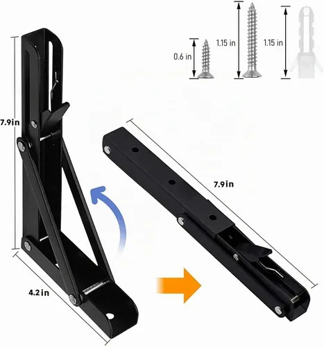 Vista 2 de Soportes plegables para estantes – 8 pulgadas, 2 piezas de metal resistente, soporte de estante plegable montado en la pared, ahorro de espacio