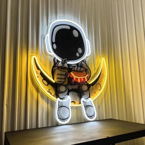 Vista 6 de Letrero de neón con diseño de astronauta comiendo hamburguesa con queso, obras de arte hechas a mano, luces LED de luna, letreros de astronauta