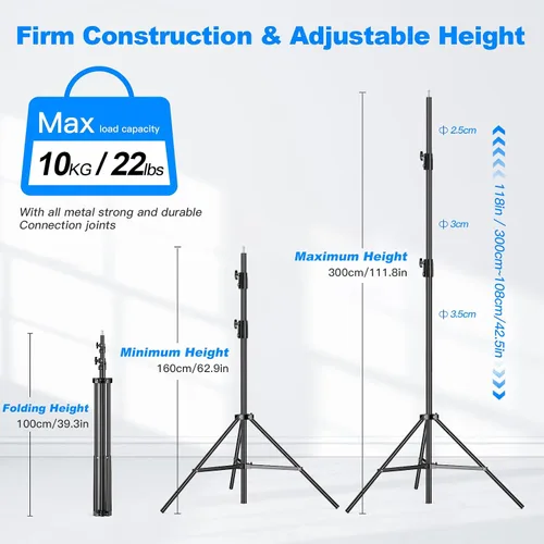 Vista 2 de Soporte de luz resistente de 9.8 pies / 9.8 ft ajustable de 22.0 lbs/22 libras, carga máxima, soporte de trípode acolchado de aire con rosca de 1/4