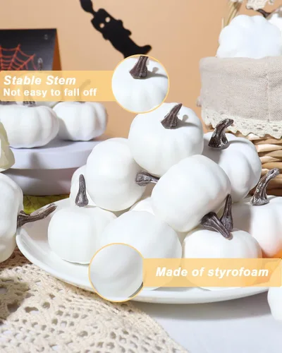 Vista 4 de vensovo Mini calabazas de plástico blancas de varios tamaños, 30 piezas surtidas de calabazas de espuma artificial, ideal para rellenar jarrones