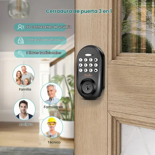 Vista 4 de Cerradura de puerta de entrada sin llave con teclado - Cerrojo inteligente Negro