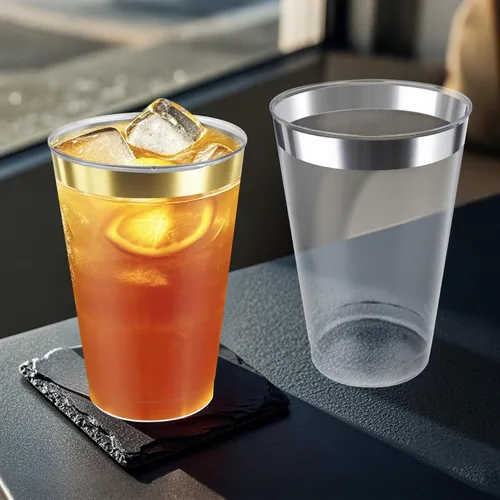 Vista 7 de Byvivace Vasos de plástico transparente de 12 onzas con borde dorado, resistentes y aptos para alimentos, desechables, copas de vino, copas de boda
