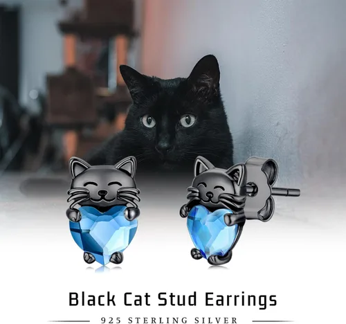 Vista 7 de Aretes de plata de ley 925 con diseño de gato, bonitos aretes de gato con diseño de gatito, joyería de regalo para mujeres y niñas, aretes