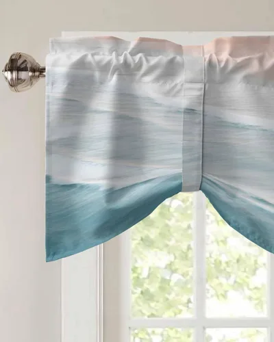 Vista 3 de Cortinas de verano con cenefa de amarre para ventanas, cortinas costeras de cocina costeras para ventanas, cortinas náuticas junto al mar, beige