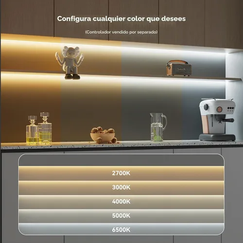 Vista 2 de PAUTIX COB Tira de Luz LED CCT Blanco Sintonizable IP65 Impermeable, CRI90+ 16.4ft/5m 2700K-6500K Regulable 24V Cinta de Luz LED, para Bajo Gabinete