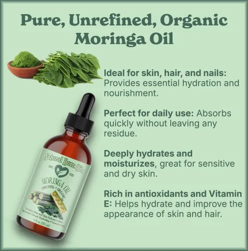 Vista 3 de Natural Born Oils Aceite de moringa, 8oz, orgánico, prensado en frío, rico en vitaminas A y C, ideal para hidratar la piel, fortalecer el cabello