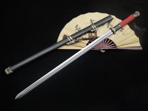 Vista 3 de Espada china/Tang jian/hoja de acero de Damasco/vaina de madera negra/accesorios de latón/espiga completa/longitud: 39 pulgadas
