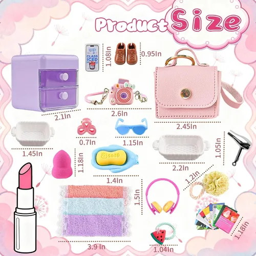 Vista 2 de Juego de 116 piezas de accesorios para casa de muñecas, herramientas de maquillaje, artículos de tocador de baño, bolso para bricolaje, micro