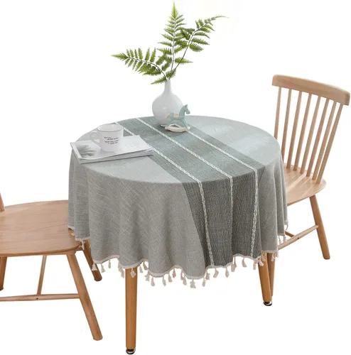 Vista 9 de Dimatic Mantel de Algodón y Lino de Peso Pesado - Mantel Redondo de 60 Pulgadas - Cubierta de Mesa con Costura de Borlas para Decoración de Beige