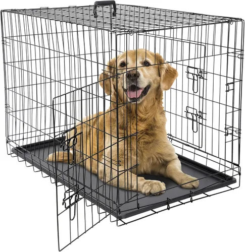 Vista 9 de Jaulas de doble puerta para perros de 36 pulgadas, jaula de alambre plegable de metal para perreras con bandeja para perros pequeños, medianos