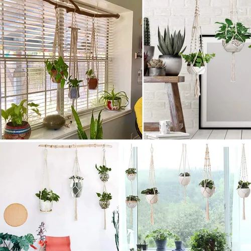 Vista 7 de Perchas de macramé para plantas hechas a mano, cuerda de algodón, soporte para macetas colgantes con temática bohemia para interiores y exteriores