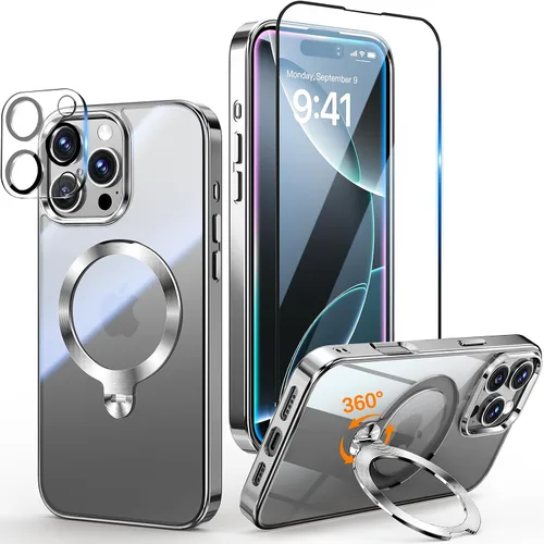 Vista 37 de [Protección Tri-Shield] Funda para iPhone 13 Pro con soporte giratorio de 360° compatible con MagSafe [anillo magnético de CD)