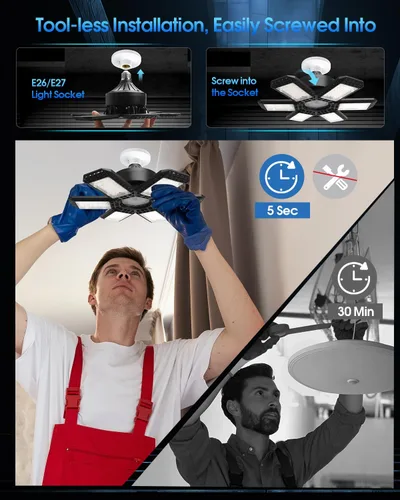Vista 2 de AUDLES - Paquete de 1 luz de garaje, 200 W, 20000 lm, 6500 K, luces LED para taller, luces de techo LED para garaje con 6+1 paneles deformables