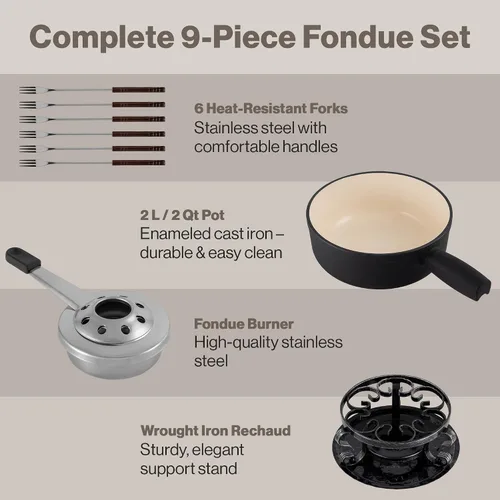 Vista 5 de Swissmar Lugano - Juego de fondue de queso de hierro fundido, 9 piezas, 2 cuartos de galón / 2 litros, ideal para derretir queso, chocolates Negro