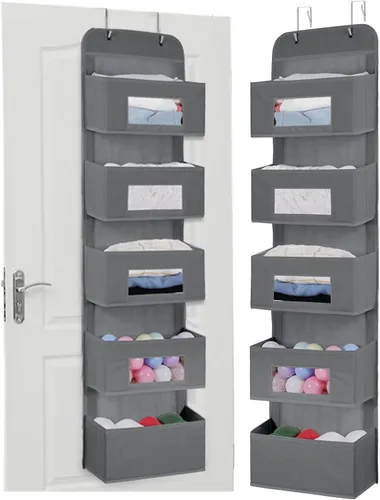 Vista 9 de MAX Houser Organizador para colgar sobre la puerta con 5 estantes y 2 ganchos de metal, organizador de almacenamiento de pared con 5 bolsillos