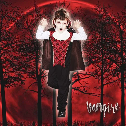 Vista 5 de Snailify Disfraz de vampiro para niños conjunto completo de Halloween con collar de capa colmillos