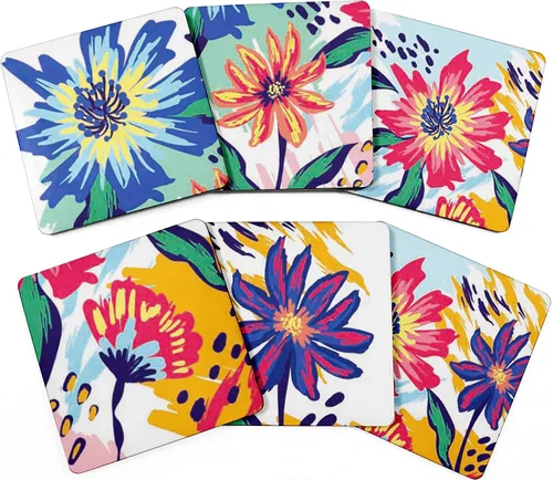 Vista 13 de Juego de 6 posavasos cuadrados de 4 pulgadas, fáciles de limpiar, base de corcho, reutilizables, diseño de calavera