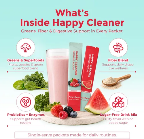 Vista 5 de NEWELLME Happy Cleaner Super Greens Powder – Mezcla de bebida de sandía sin azúcar con clorella y espirulina, vegano, sin OGM, 14 paquetes