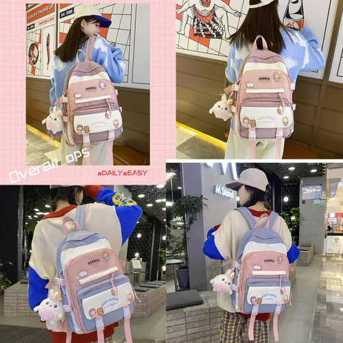 Vista 6 de Mfikaryi Mochila kawaii para niñas, bolsas escolares estéticas, bolsa de libros con bonito colgante de felpa para adolescentes, Púrpura, Mochilas