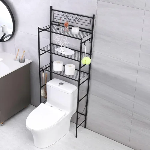 Vista 4 de Estante de almacenamiento de 3 niveles para baño sobre el inodoro, organizador de estante con marco de metal, con 4 ganchos, color negro