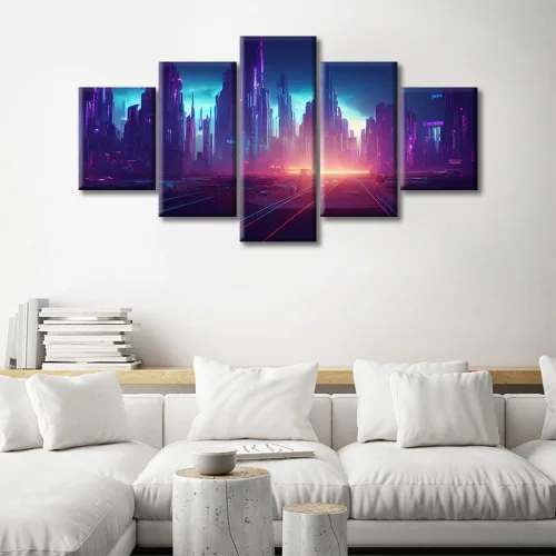 Vista 14 de Cuadros de 5 paneles de Cyberpunk City, arte de pared, representación de vallas publicitarias, edificios modernos en la capital con obras de arte