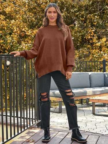 Vista 42 de Lillusory - Suéter extragrande con mangas de murciélago y cuello redondo para mujer, prenda moderna de otoño de tejido de punto sin botones
