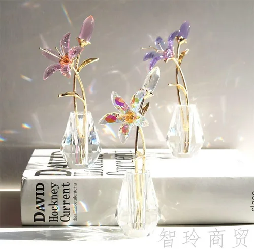 Vista 4 de Flores de lirio de tigre de cristal con jarrón de cristal, tallo de metal, lirio rosa, regalos coleccionables para mujeres, figuras florales