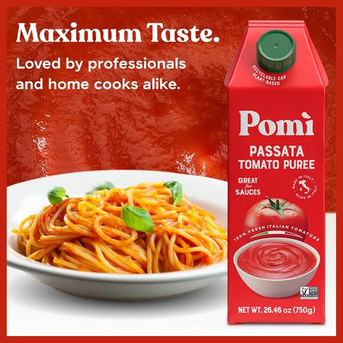 Vista 4 de Pomì Tomato Passata 26.46 onzas (paquete de 6) – Hecho en Italia – Puré de tomate cremoso y aterciopelado con toque de sal, sin aditivos ni