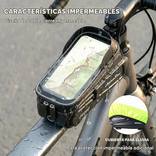 Vista 4 de Bolsa de soporte para teléfono de bicicleta, resistente al agua, estuche rígido de gran capacidad, tubo superior, marco frontal, accesorios de Negro