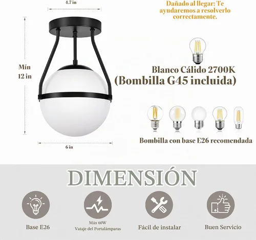 Vista 4 de Bagood Lámpara de techo semiempotrada con forma de globo de mediados de siglo, moderna lámpara de techo de globo de 6" con pantalla de vidrio Negro