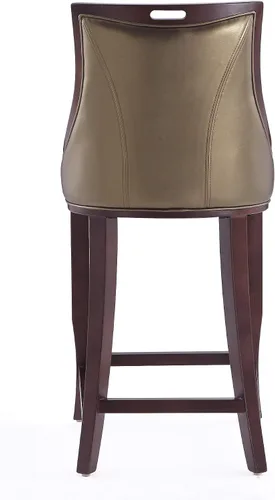 Vista 8 de Manhattan Comfort Emperor Taburetes de bar de cuero vegano con respaldo, acolchado de espuma y marco de madera de haya maciza, taburete de bar bronce