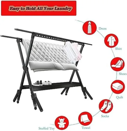 Vista 5 de Multi-Purpose Laundry Drying Rack Foldable, Stainless Steel Clothes Drying Stand with Adjustable Rods, Ideal for Indoor Outdoor Use